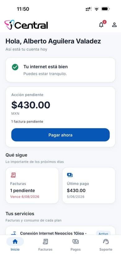 Inicio de la app iCentral.